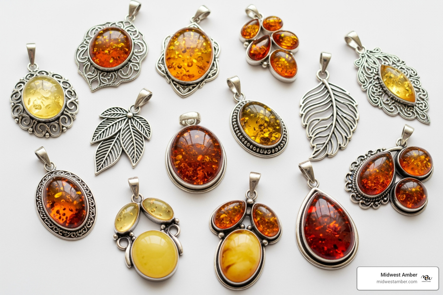 flat lay showcasing various styles of amber pendants in silver settings - amber pendants silver flat lay showcasing various styles of amber pendants in silver settings - amber pendants silver