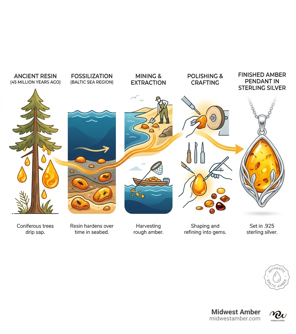 Infographic showing the journey of amber from ancient tree resin dripping from coniferous trees 45 million years ago, through the fossilization process in the Baltic Sea region, to mining and extraction, polishing and crafting, and finally being set in sterling silver settings to create finished amber pendants - amber pendants silver infographic Infographic showing the journey of amber from ancient tree resin dripping from coniferous trees 45 million years ago, through the fossilization process in the Baltic Sea region, to mining and extraction, polishing and crafting, and finally being set in sterling silver settings to create finished amber pendants - amber pendants silver infographic