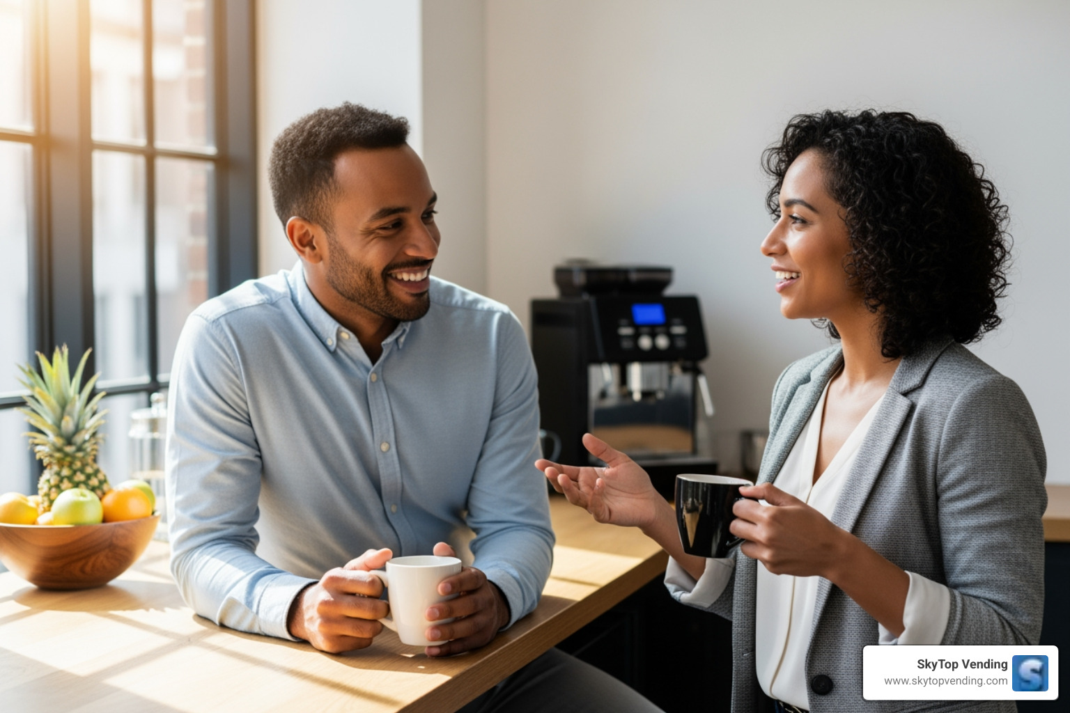 two colleagues having a positive conversation while holding coffee mugs - corporate office coffee machine two colleagues having a positive conversation while holding coffee mugs - corporate office coffee machine