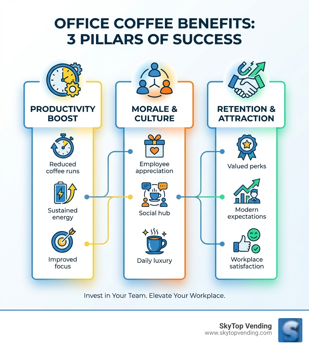 Infographic showing three pillars of office coffee benefits: Left pillar shows a clock icon with "Productivity Boost" and bullet points for reduced coffee runs, sustained energy, improved focus; Center pillar shows people icon with "Morale & Culture" and bullet points for employee appreciation, social hub, daily luxury; Right pillar shows handshake icon with "Retention & Attraction" and bullet points for valued perks, modern expectations, workplace satisfaction - corporate office coffee machine infographic Infographic showing three pillars of office coffee benefits: Left pillar shows a clock icon with "Productivity Boost" and bullet points for reduced coffee runs, sustained energy, improved focus; Center pillar shows people icon with "Morale & Culture" and bullet points for employee appreciation, social hub, daily luxury; Right pillar shows handshake icon with "Retention & Attraction" and bullet points for valued perks, modern expectations, workplace satisfaction - corporate office coffee machine infographic