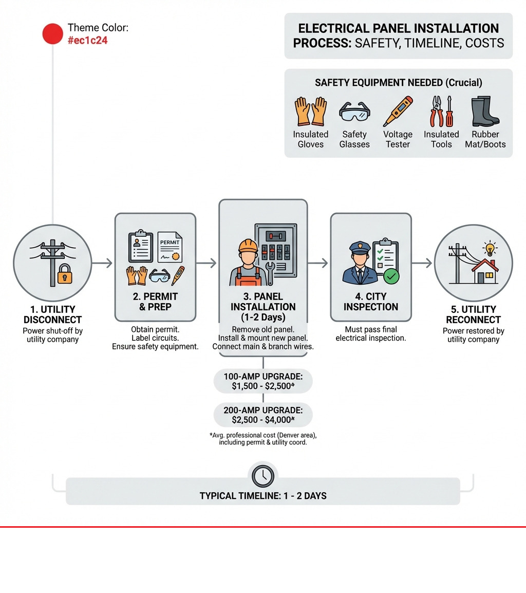 infographic showing the full electrical panel installation process from utility disconnect through city inspection, including safety equipment needed, typical timeline of 1-2 days, permit requirements, and cost ranges for 100-amp vs 200-amp service upgrades - install electric panel infographic infographic showing the full electrical panel installation process from utility disconnect through city inspection, including safety equipment needed, typical timeline of 1-2 days, permit requirements, and cost ranges for 100-amp vs 200-amp service upgrades - install electric panel infographic