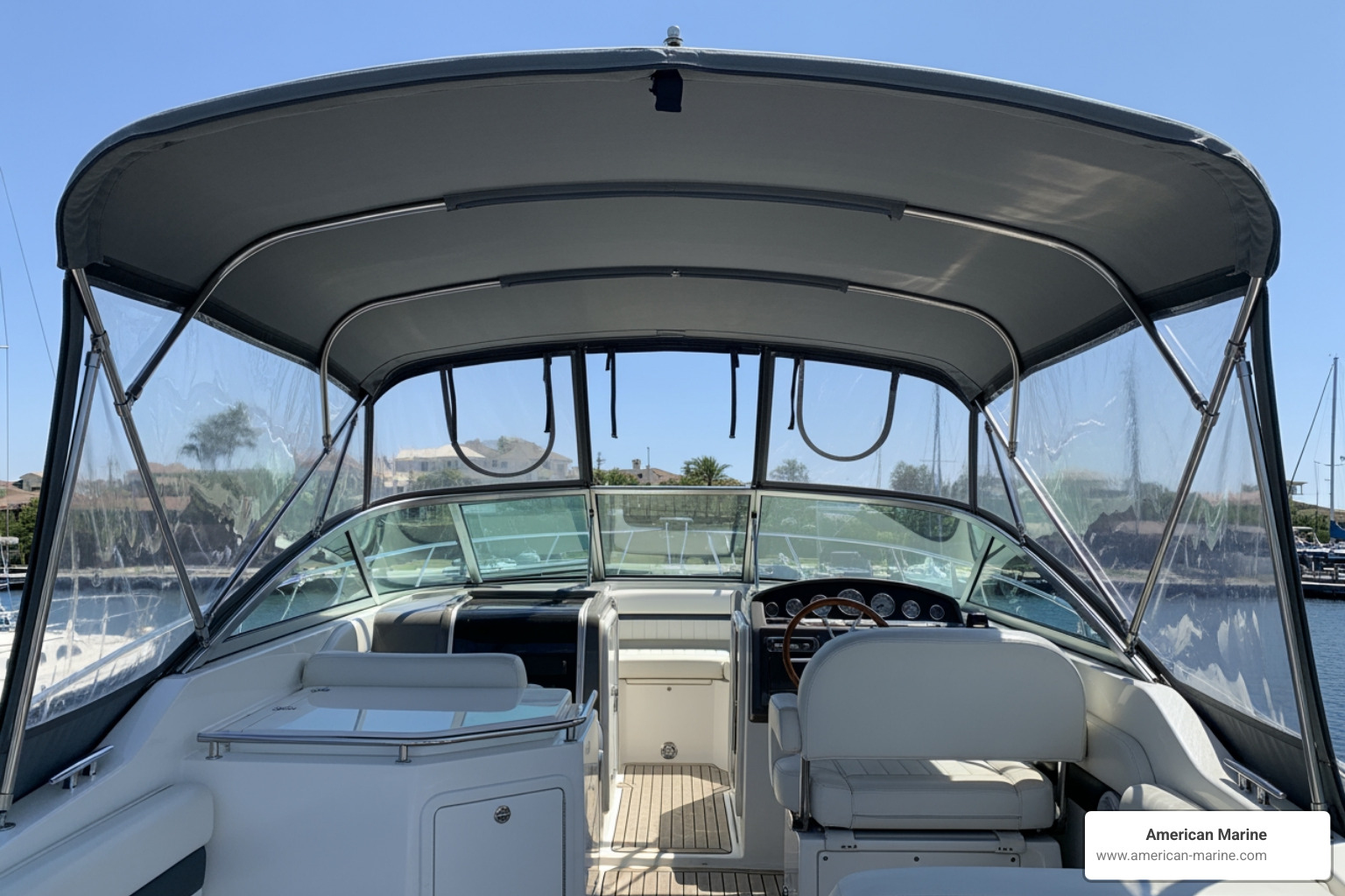 A stylish bimini top providing shade over a boat's cockpit area, highlighting custom marine canvas solutions - Custom marine canvas solutions A stylish bimini top providing shade over a boat's cockpit area, highlighting custom marine canvas solutions - Custom marine canvas solutions