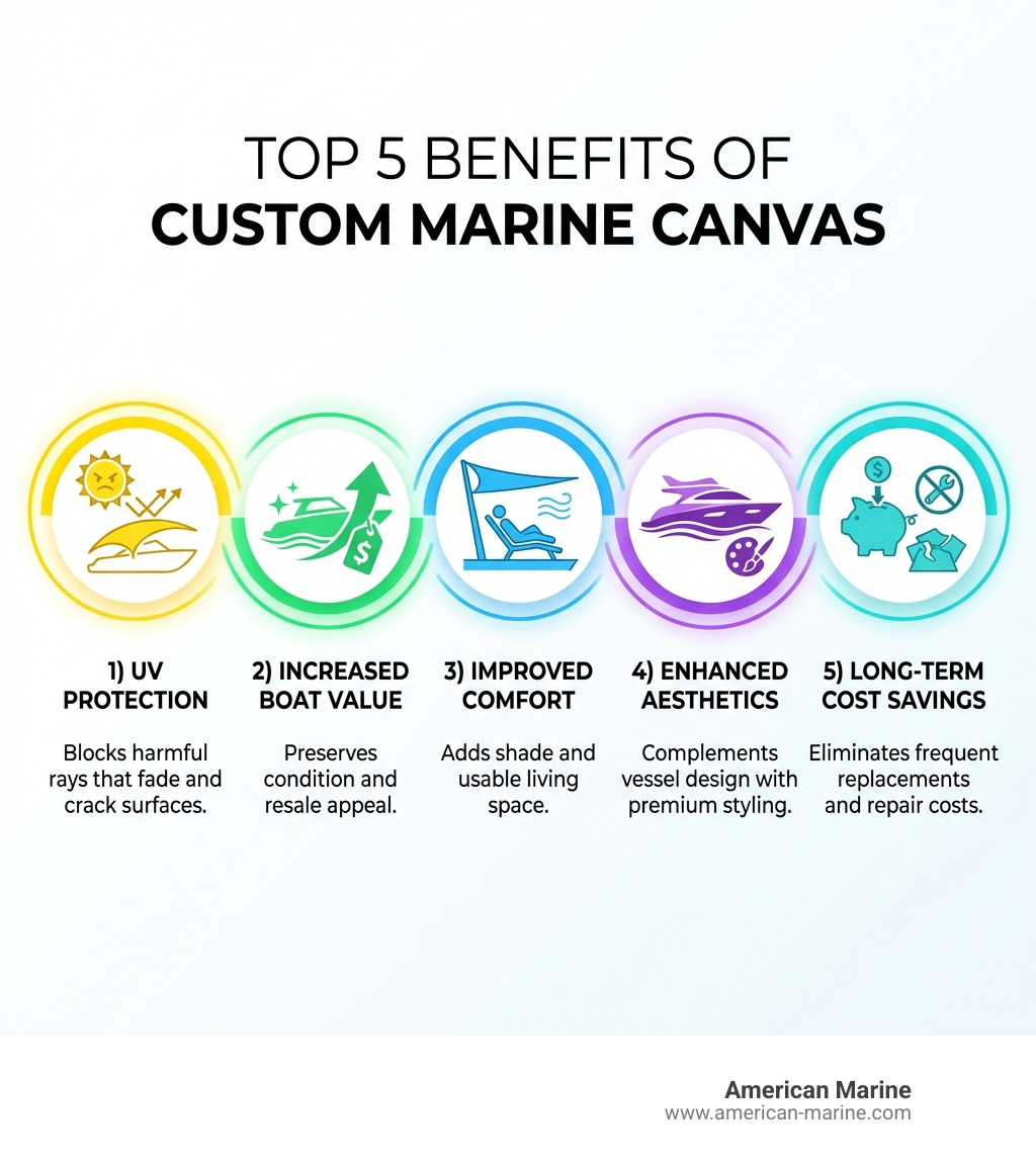 Infographic showing the top 5 benefits of custom marine canvas: 1) UV Protection - blocks harmful rays that fade and crack surfaces, 2) Increased Boat Value - preserves condition and resale appeal, 3) Improved Comfort - adds shade and usable living space, 4) Enhanced Aesthetics - complements vessel design with premium styling, 5) Long-Term Cost Savings - eliminates frequent replacements and repair costs - Custom marine canvas solutions infographic Infographic showing the top 5 benefits of custom marine canvas: 1) UV Protection - blocks harmful rays that fade and crack surfaces, 2) Increased Boat Value - preserves condition and resale appeal, 3) Improved Comfort - adds shade and usable living space, 4) Enhanced Aesthetics - complements vessel design with premium styling, 5) Long-Term Cost Savings - eliminates frequent replacements and repair costs - Custom marine canvas solutions infographic