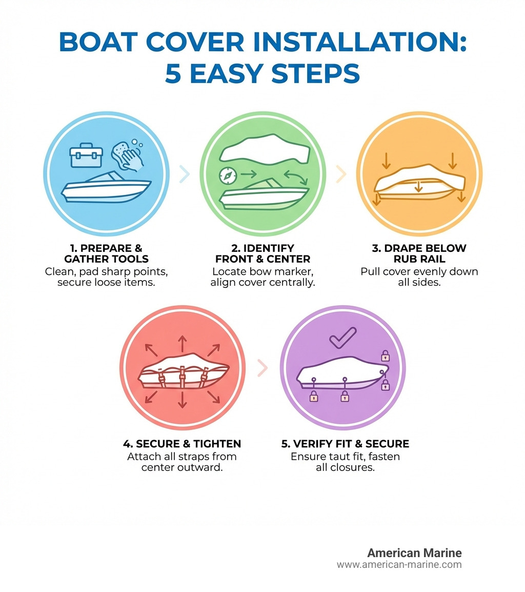 infographic showing boat cover installation steps: 1) prepare boat and gather tools, 2) identify front of cover and center it, 3) drape cover below rub rail, 4) attach and tighten all straps from center outward, 5) verify taut fit and secure all fasteners - boat cover installation infographic infographic showing boat cover installation steps: 1) prepare boat and gather tools, 2) identify front of cover and center it, 3) drape cover below rub rail, 4) attach and tighten all straps from center outward, 5) verify taut fit and secure all fasteners - boat cover installation infographic