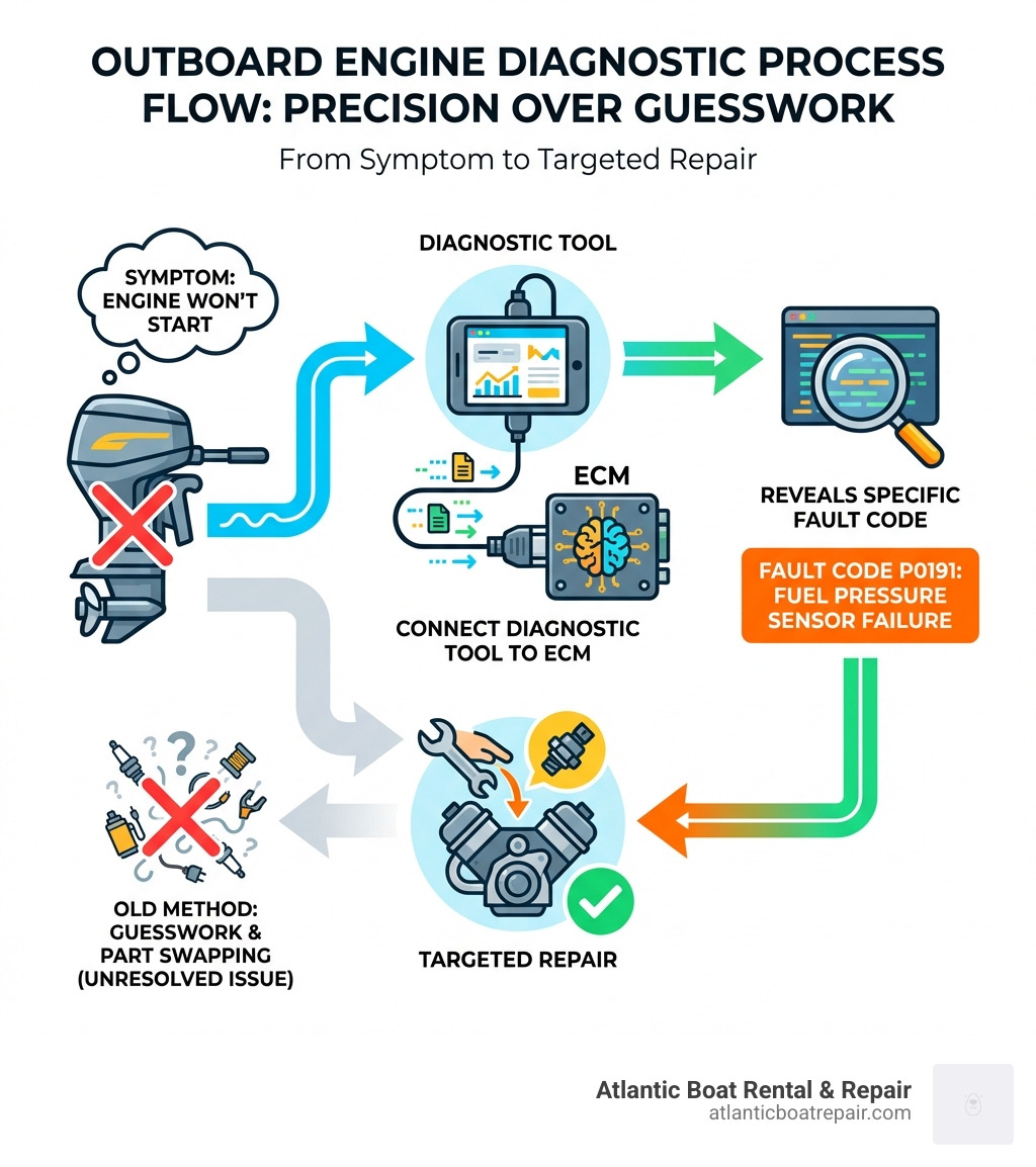 Infographic showing diagnostic process flow: Starting symptom (engine won't start) flows to connecting diagnostic tool to ECM, which reveals specific fault code (example: fuel pressure sensor failure), leading to targeted repair instead of guessing - outboard engine diagnostics infographic 
