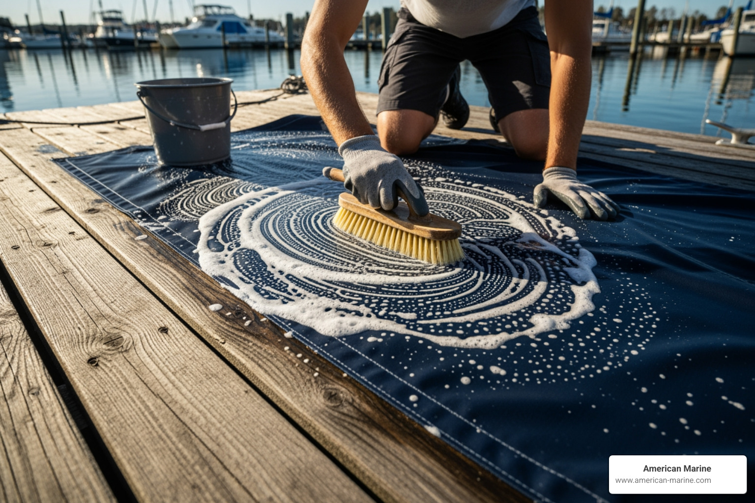 person cleaning boat cover - custom fit boat covers