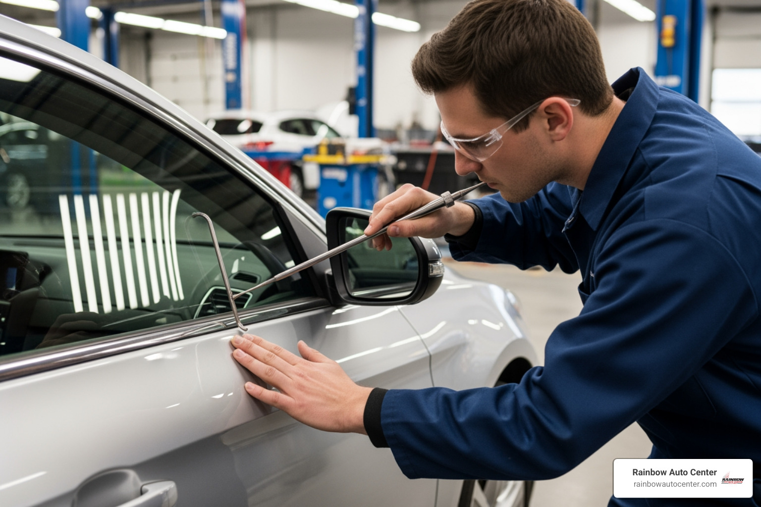 technician using a paintless dent repair tool - bodywork shops near me