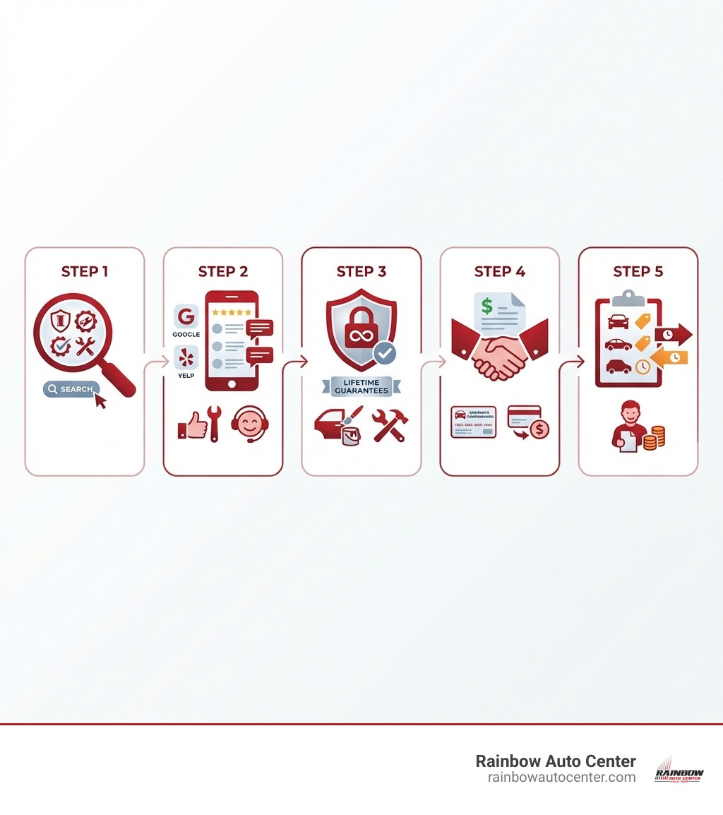 infographic showing 5 key steps to choosing a quality body shop: 1. Search for certified shops with I-CAR or OEM credentials, 2. Read customer reviews on Google and Yelp focusing on quality and service, 3. Verify lifetime warranties and guarantees on paint and workmanship, 4. Confirm insurance partnerships and direct billing options, 5. Get free written estimates and compare repair timelines - bodywork shops near me infographic 