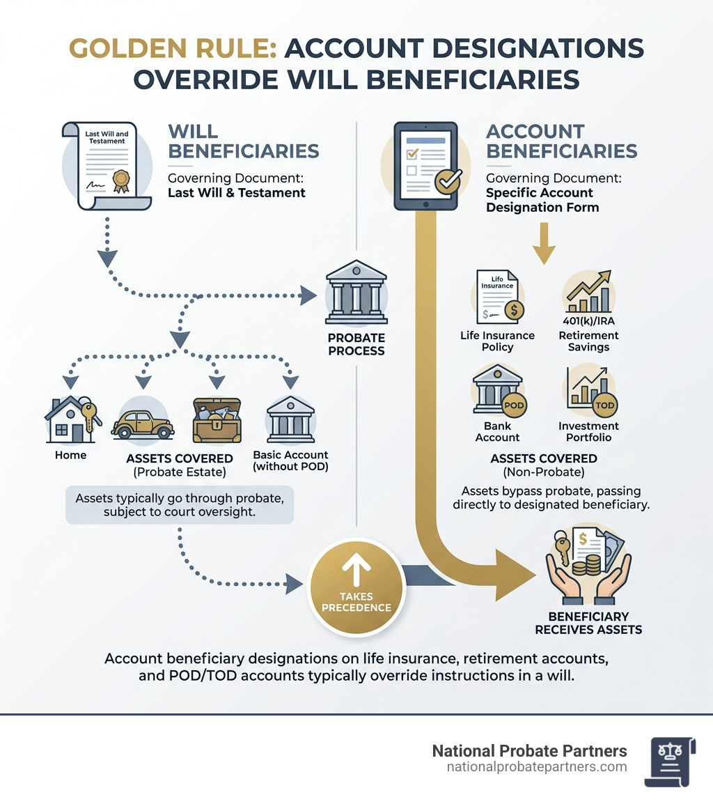 Infographic comparing will beneficiaries to account beneficiaries, showing how account designations often take precedence. - named beneficiary in a will infographic Infographic comparing will beneficiaries to account beneficiaries, showing how account designations often take precedence. - named beneficiary in a will infographic