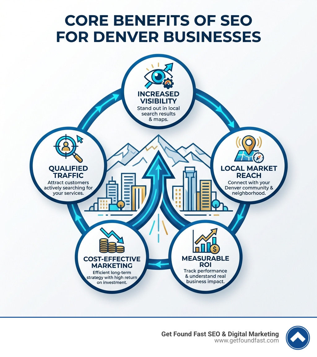 Infographic showing core benefits of SEO for local Denver businesses including increased visibility, qualified traffic, local market reach, cost-effective marketing, and measurable ROI - seo denver infographic Infographic showing core benefits of SEO for local Denver businesses including increased visibility, qualified traffic, local market reach, cost-effective marketing, and measurable ROI - seo denver infographic