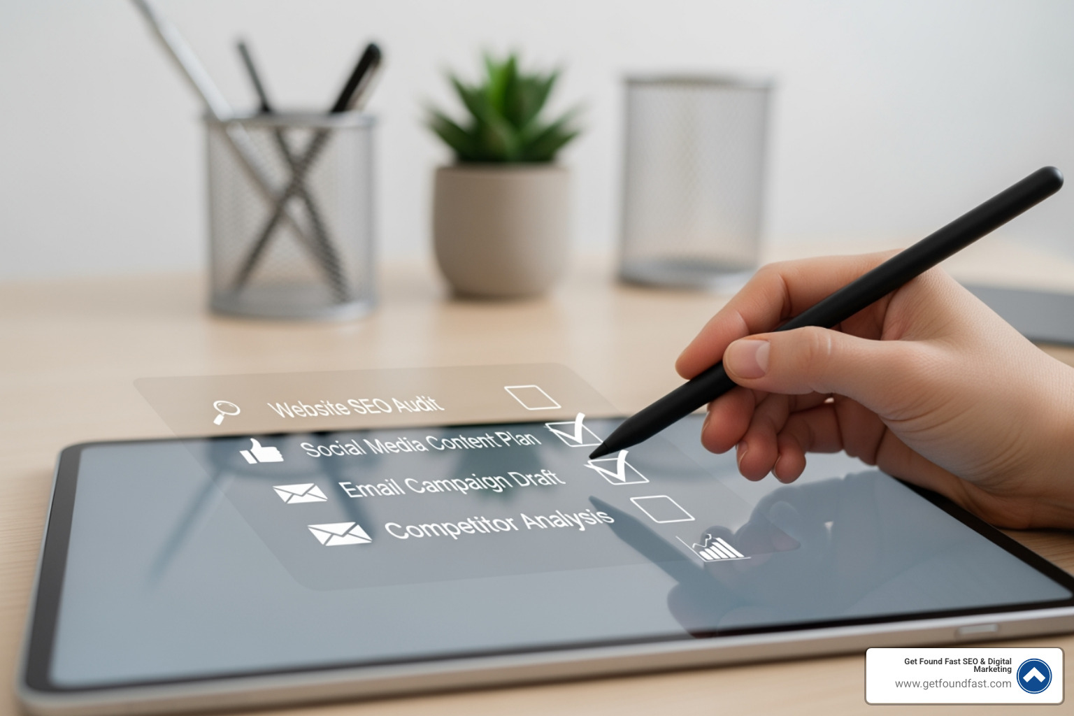 A checklist showing key SEO tasks like keyword research, content creation, technical audit, and link building - organic seo packages