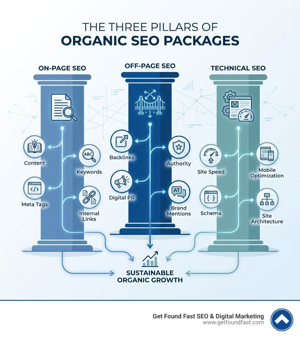Infographic showing the three pillars of organic SEO packages: On-Page SEO (content, keywords, meta tags, internal links), Off-Page SEO (backlinks, authority, digital PR, brand mentions), and Technical SEO (site speed, mobile optimization, schema, site architecture) - organic seo packages infographic 