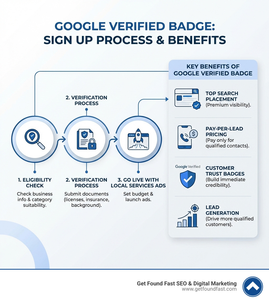 infographic showing the Google Guarantee sign up process from eligibility check through verification to going live with Local Services Ads, including key benefits like top search placement, pay-per-lead pricing, customer trust badges, and lead generation - google guarantee sign up infographic 