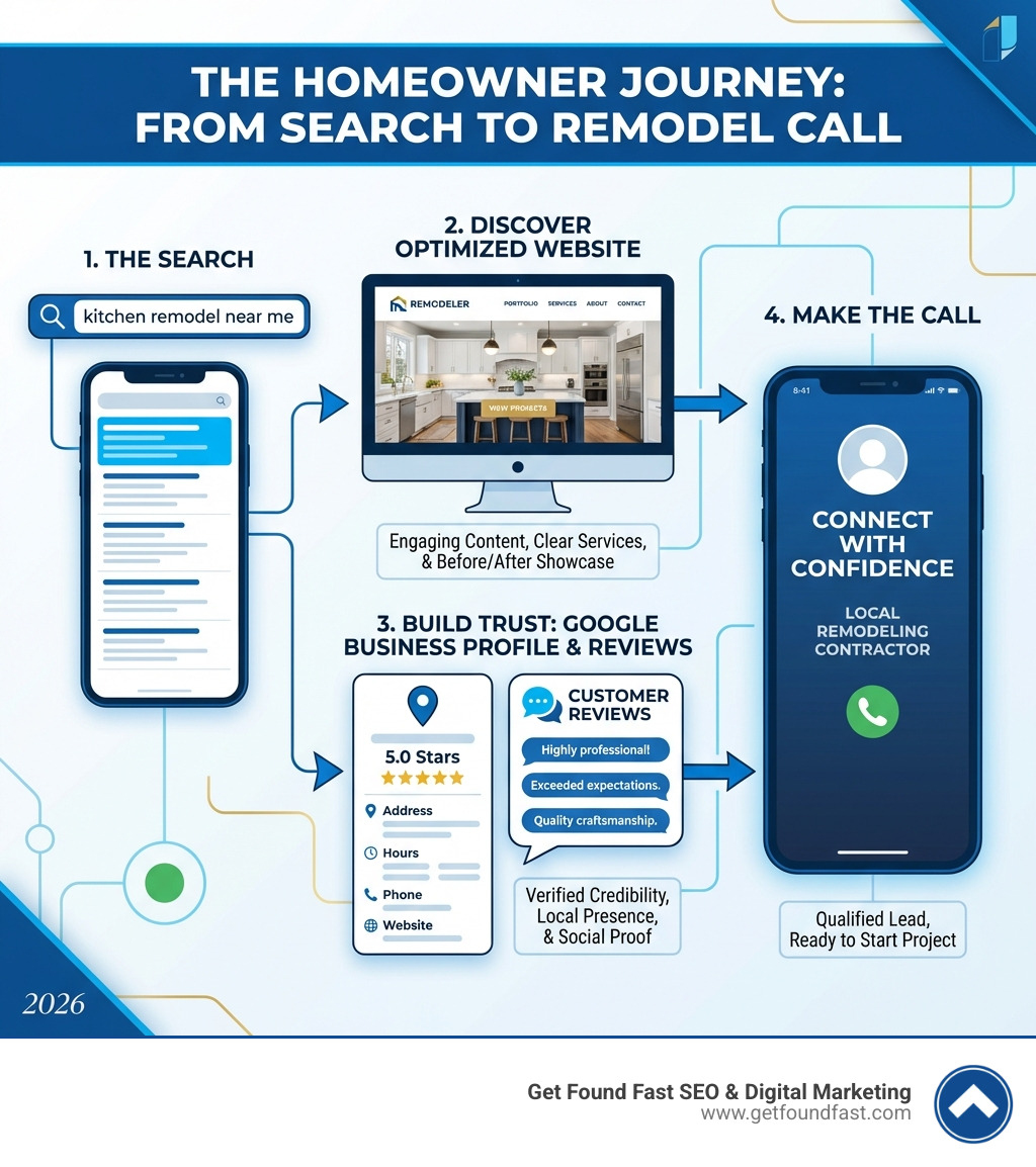 infographic showing the homeowner journey from searching "kitchen remodel near me" on Google to calling a local remodeling contractor after viewing their optimized website, Google Business Profile, and customer reviews - seo company for remodelers infographic infographic showing the homeowner journey from searching "kitchen remodel near me" on Google to calling a local remodeling contractor after viewing their optimized website, Google Business Profile, and customer reviews - seo company for remodelers infographic
