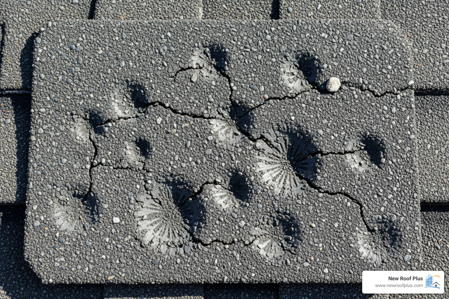 Hail impact marks on an asphalt shingle - roofing company colorado Hail impact marks on an asphalt shingle - roofing company colorado