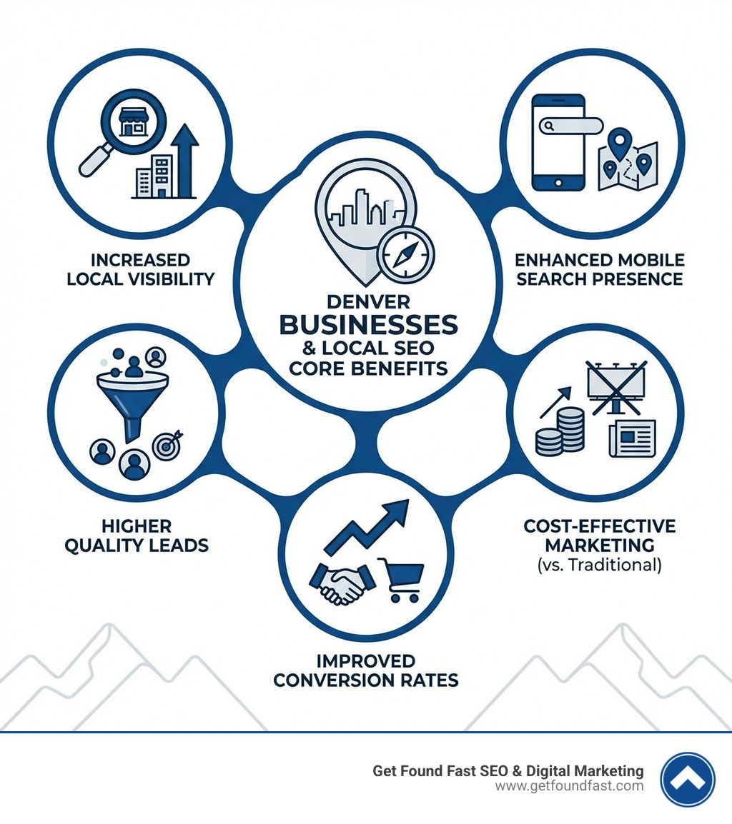 infographic showing the core benefits of local SEO including increased local visibility, higher quality leads, improved conversion rates, cost-effective marketing compared to traditional advertising, and enhanced mobile search presence for Denver businesses - search engine optimization company denver co infographic infographic showing the core benefits of local SEO including increased local visibility, higher quality leads, improved conversion rates, cost-effective marketing compared to traditional advertising, and enhanced mobile search presence for Denver businesses - search engine optimization company denver co infographic