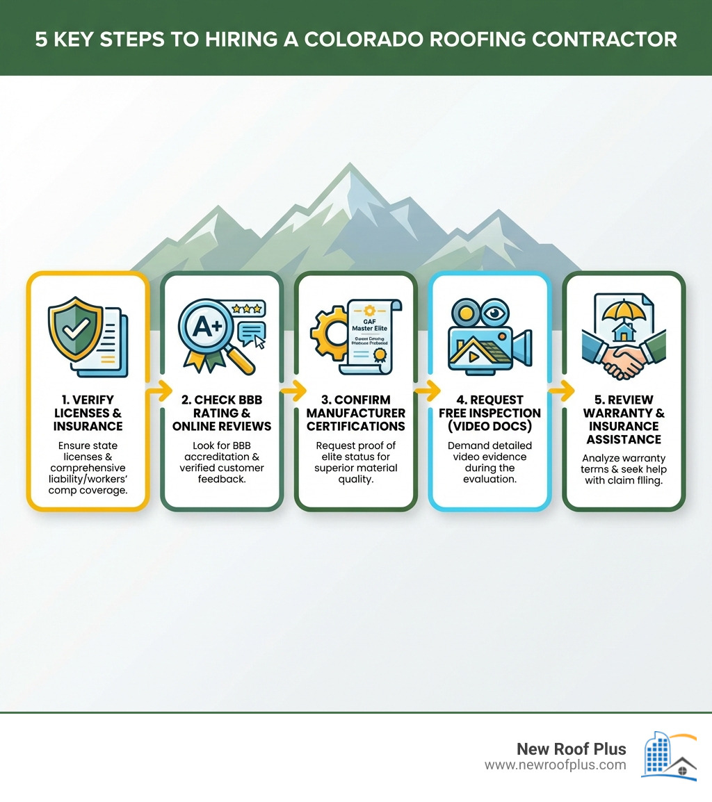 Infographic showing 5 key steps to hiring a roofing contractor in Colorado: 1) Verify licenses and insurance, 2) Check BBB rating and online reviews, 3) Confirm manufacturer certifications (GAF Master Elite, etc.), 4) Request free inspection with video documentation, 5) Review warranty terms and insurance claim assistance - roofing company colorado infographic Infographic showing 5 key steps to hiring a roofing contractor in Colorado: 1) Verify licenses and insurance, 2) Check BBB rating and online reviews, 3) Confirm manufacturer certifications (GAF Master Elite, etc.), 4) Request free inspection with video documentation, 5) Review warranty terms and insurance claim assistance - roofing company colorado infographic