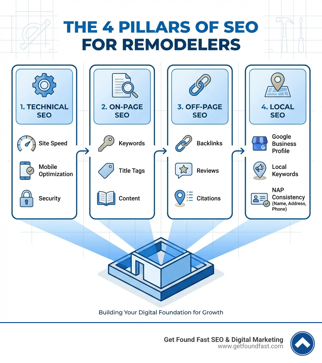 Infographic showing the 4 pillars of SEO for remodelers: Technical SEO (site speed, mobile optimization, security), On-Page SEO (keywords, title tags, content), Off-Page SEO (backlinks, reviews, citations), and Local SEO (Google Business Profile, local keywords, NAP consistency) - seo for remodelers infographic 