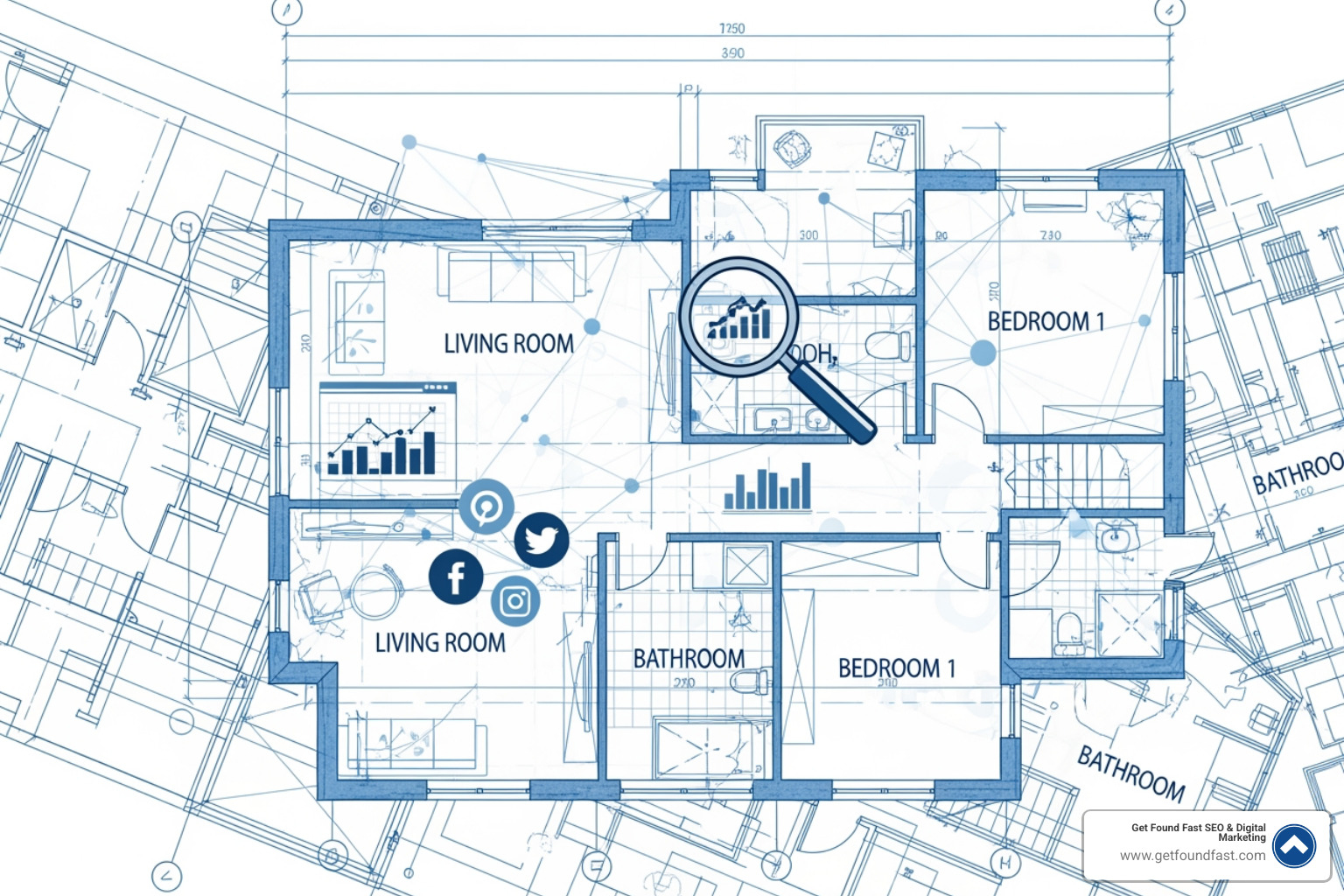 A blueprint for a house remodel, overlaid with digital elements representing SEO components - seo for remodelers