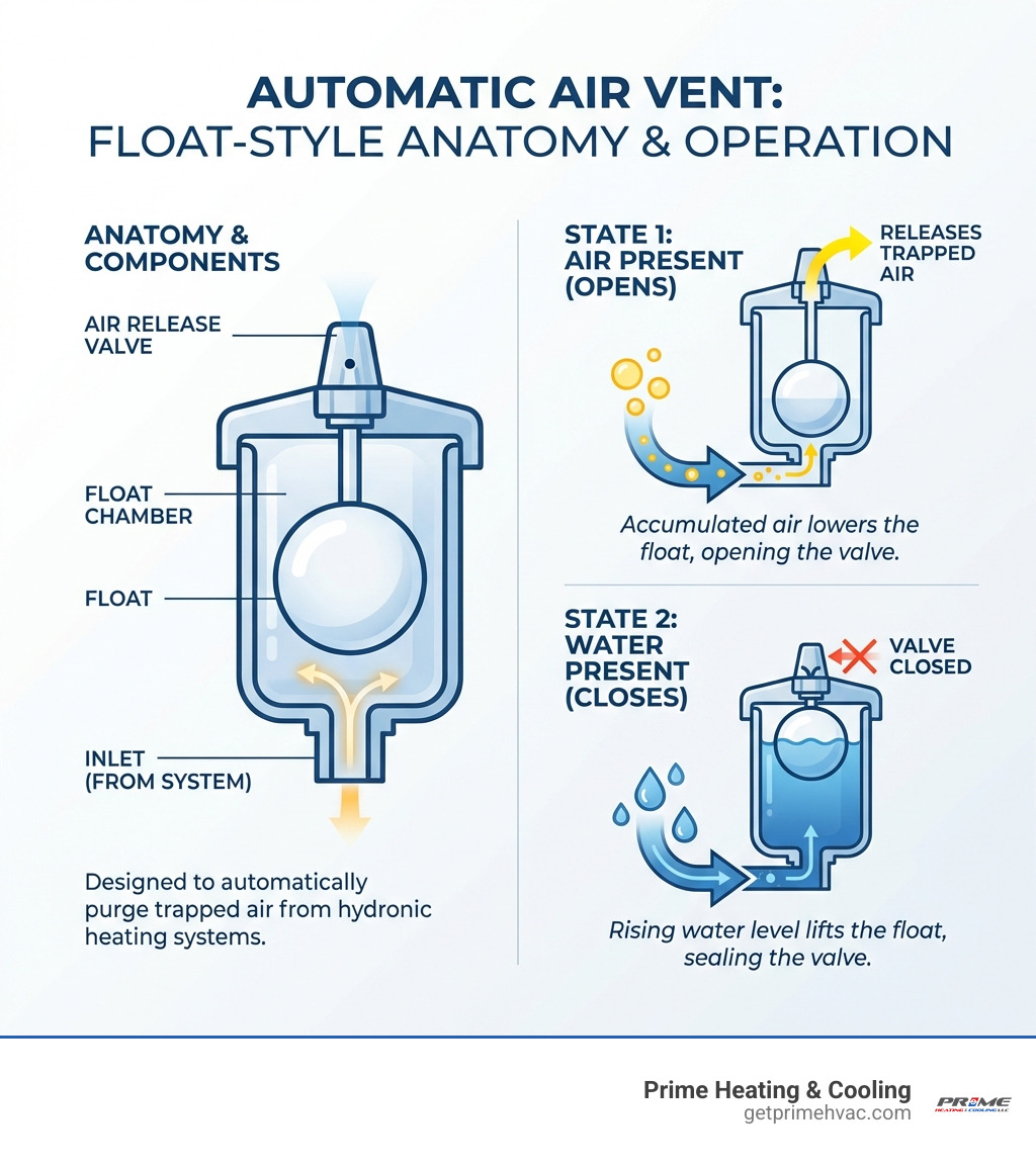 Infographic showing the anatomy of a float-style automatic air vent, including the float chamber, air release valve, and how it automatically opens to release trapped air and closes when water is present - boiler air vent replacement infographic Infographic showing the anatomy of a float-style automatic air vent, including the float chamber, air release valve, and how it automatically opens to release trapped air and closes when water is present - boiler air vent replacement infographic