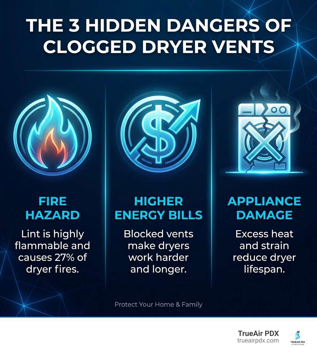Infographic showing three dangers of clogged dryer vents: First, a flame icon with "Fire Hazard - Lint is highly flammable and causes 27% of dryer fires." Second, a dollar sign with upward arrow showing "Higher Energy Bills - Blocked vents make dryers work harder and longer." Third, a broken appliance icon stating "Appliance Damage - Excess heat and strain reduce dryer lifespan." - dryer vent cleaning infographic Infographic showing three dangers of clogged dryer vents: First, a flame icon with "Fire Hazard - Lint is highly flammable and causes 27% of dryer fires." Second, a dollar sign with upward arrow showing "Higher Energy Bills - Blocked vents make dryers work harder and longer." Third, a broken appliance icon stating "Appliance Damage - Excess heat and strain reduce dryer lifespan." - dryer vent cleaning infographic