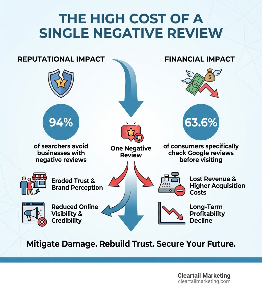 infographic explaining the financial and reputational impact of a single negative review on a small business - bad review removal infographic 