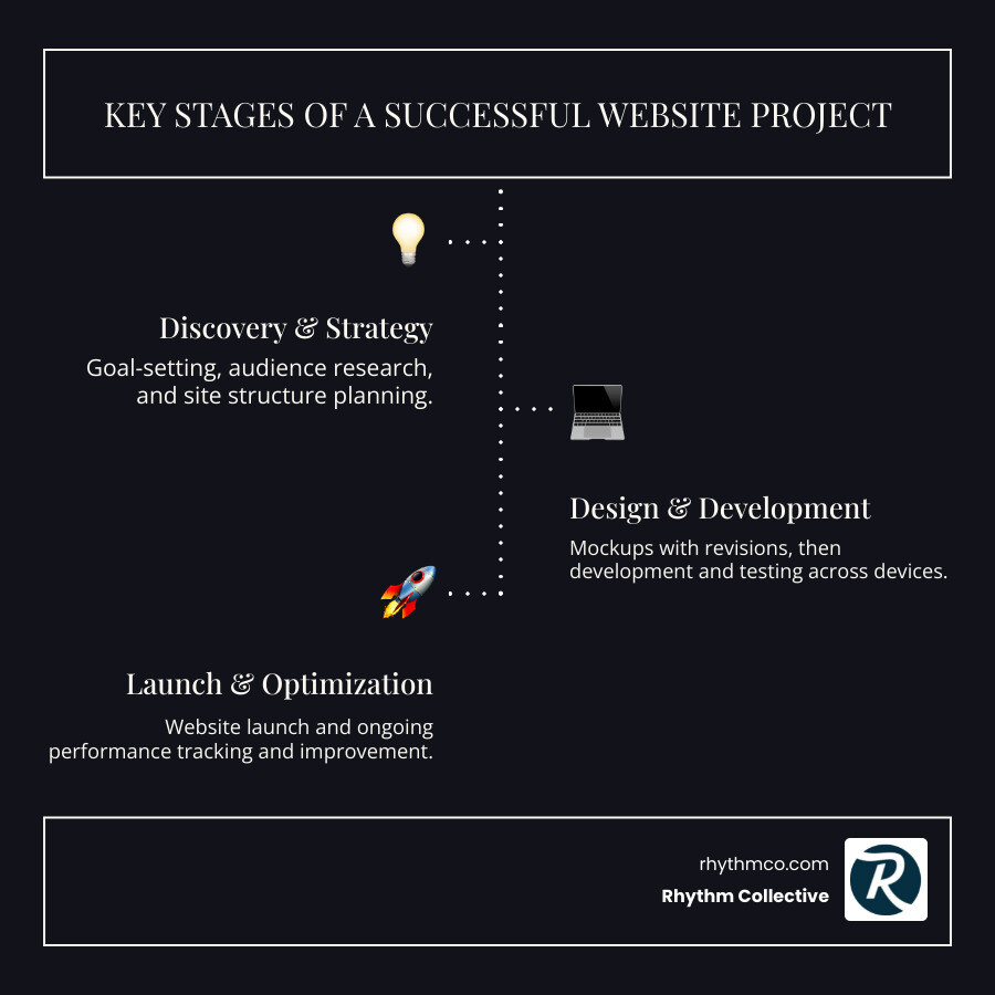 Infographic showing the 5 key stages of a successful website project from findy to launch. Stages include: 1) Discovery and consultation with goal-setting and audience research, 2) Strategy and wireframing with site structure planning, 3) Design mockups with unlimited revisions, 4) Development and testing across all devices, 5) Launch and ongoing optimization with performance tracking - Knoxville website design company infographic infographic-line-3-steps-dark Infographic showing the 5 key stages of a successful website project from findy to launch. Stages include: 1) Discovery and consultation with goal-setting and audience research, 2) Strategy and wireframing with site structure planning, 3) Design mockups with unlimited revisions, 4) Development and testing across all devices, 5) Launch and ongoing optimization with performance tracking - Knoxville website design company infographic infographic-line-3-steps-dark