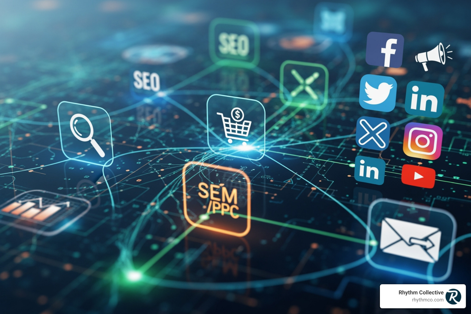 digital marketing ecosystem (SEO, SEM, Social Media, Email) - business growth strategies