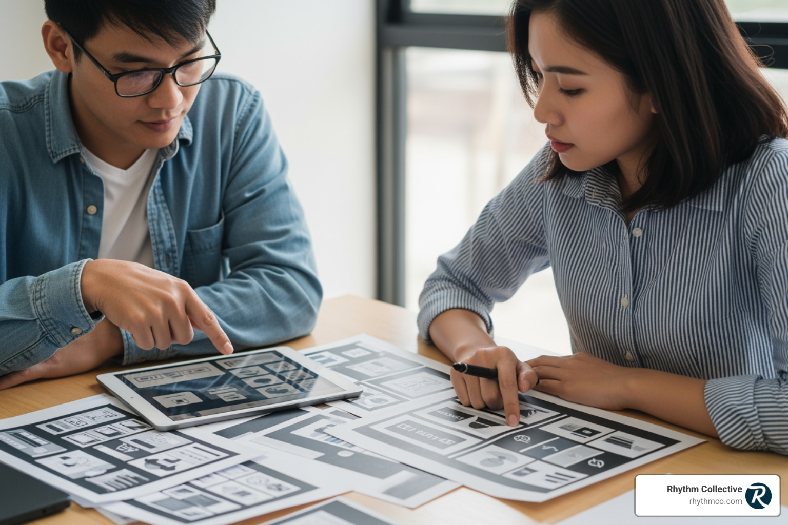 A designer and a client reviewing design mockups together on a tablet and paper - graphic design companies knoxville tn