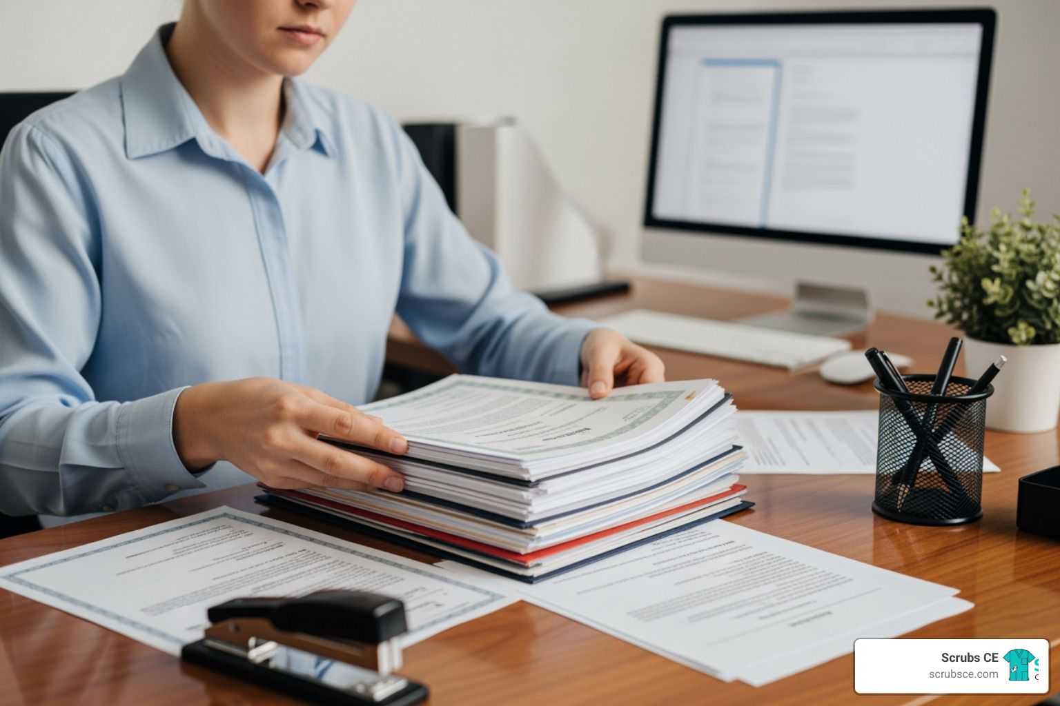 Image of a professional organizing their CE certificates - Texas CE credits Image of a professional organizing their CE certificates - Texas CE credits
