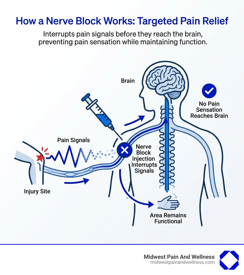 Infographic showing how a nerve block works: pain signals travel from the injury site through nerves to the spinal cord and brain; a nerve block injection near the affected nerve interrupts these signals before they reach the brain, preventing pain sensation while the area remains functional - nerve block infographic 