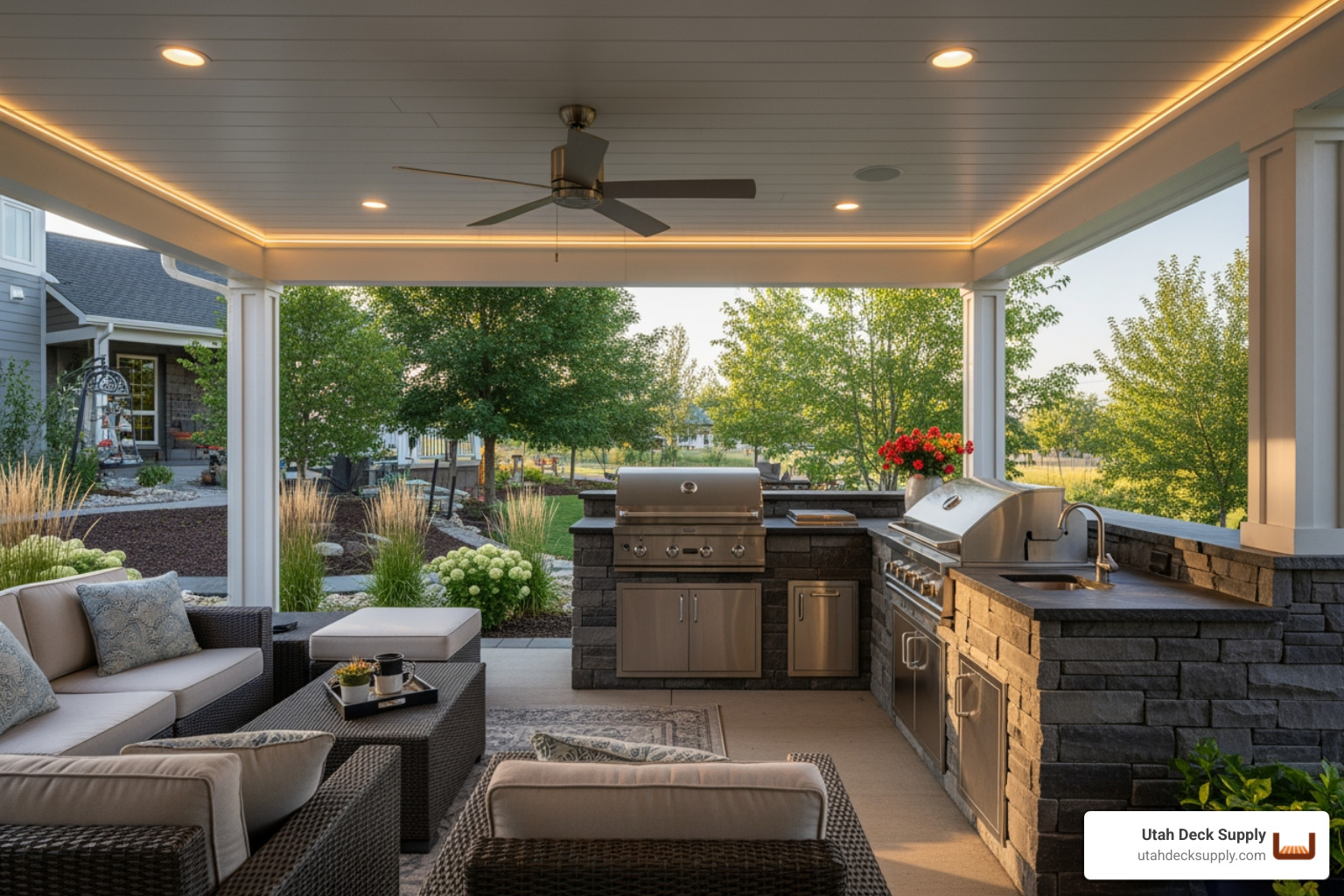 finished under-deck living space with integrated lighting, a ceiling fan, and an outdoor kitchen setup - deck drainage systems finished under-deck living space with integrated lighting, a ceiling fan, and an outdoor kitchen setup - deck drainage systems