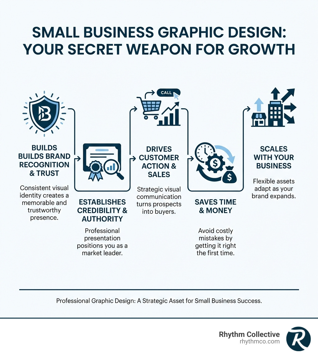Infographic showing the key benefits of professional graphic design for small businesses: builds brand recognition and trust through consistent visual identity, establishes credibility and authority in your market through professional presentation, drives customer action and sales through strategic visual communication, saves time and money by getting it right the right time, and scales with your business as you grow - Small business graphic design infographic Infographic showing the key benefits of professional graphic design for small businesses: builds brand recognition and trust through consistent visual identity, establishes credibility and authority in your market through professional presentation, drives customer action and sales through strategic visual communication, saves time and money by getting it right the right time, and scales with your business as you grow - Small business graphic design infographic