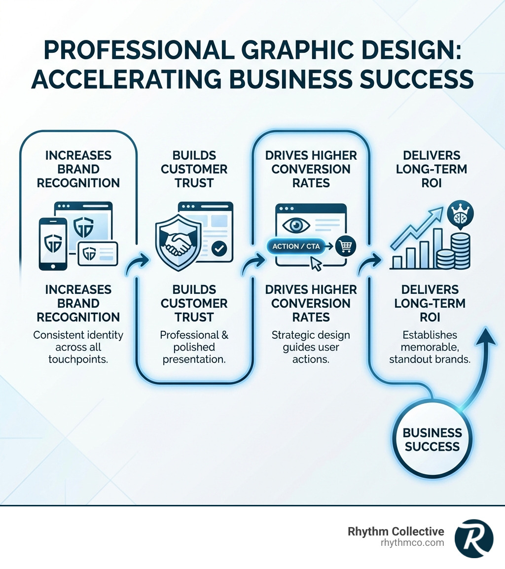 Infographic showing how professional graphic design impacts business success: increases brand recognition by creating consistent visual identity across all touchpoints, builds customer trust through professional presentation, drives higher conversion rates with strategic design that guides user actions, and delivers long-term ROI by establishing memorable brands that stand out from competitors - graphic design companies knoxville tn infographic 