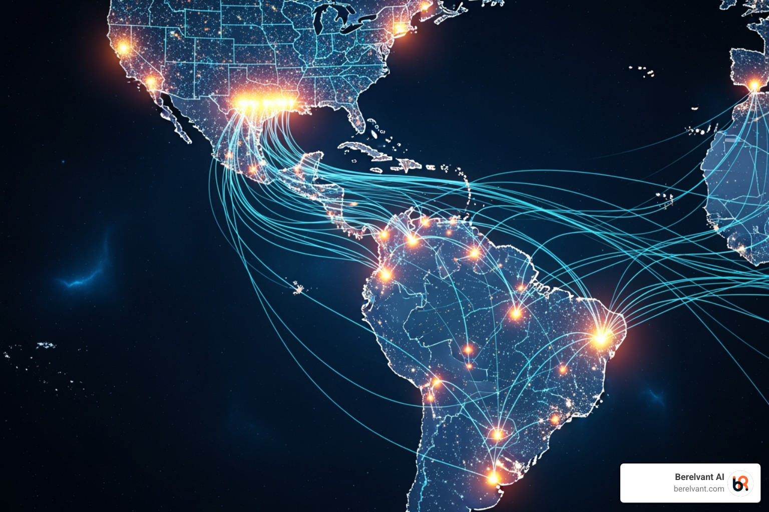 Stylized map visualizing digital connectivity and data flows between the US and major LATAM business hubs; Emphasis on LATAM market acceleration, digital change, and enterprise expansion - cross market media execution us latam