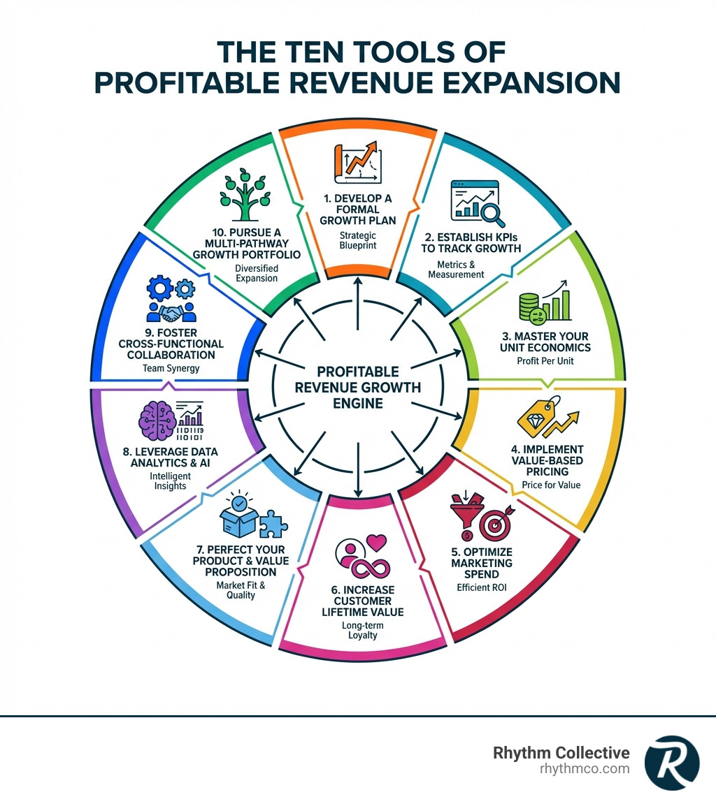 Infographic showing the 10 tools of profitable revenue expansion in a circular diagram: 1. Develop a Formal Growth Plan, 2. Establish KPIs to Track Profitable Revenue Growth, 3. Master Your Unit Economics, 4. Implement a Value-Based Pricing Strategy, 5. Optimize Marketing Spend for Profitable Revenue Growth, 6. Increase Customer Lifetime Value, 7. Perfect Your Product and Value Proposition, 8. Leverage Data Analytics and AI, 9. Foster Cross-Functional Collaboration, 10. Pursue a Multi-Pathway Growth Portfolio - profitable revenue growth infographic Infographic showing the 10 tools of profitable revenue expansion in a circular diagram: 1. Develop a Formal Growth Plan, 2. Establish KPIs to Track Profitable Revenue Growth, 3. Master Your Unit Economics, 4. Implement a Value-Based Pricing Strategy, 5. Optimize Marketing Spend for Profitable Revenue Growth, 6. Increase Customer Lifetime Value, 7. Perfect Your Product and Value Proposition, 8. Leverage Data Analytics and AI, 9. Foster Cross-Functional Collaboration, 10. Pursue a Multi-Pathway Growth Portfolio - profitable revenue growth infographic