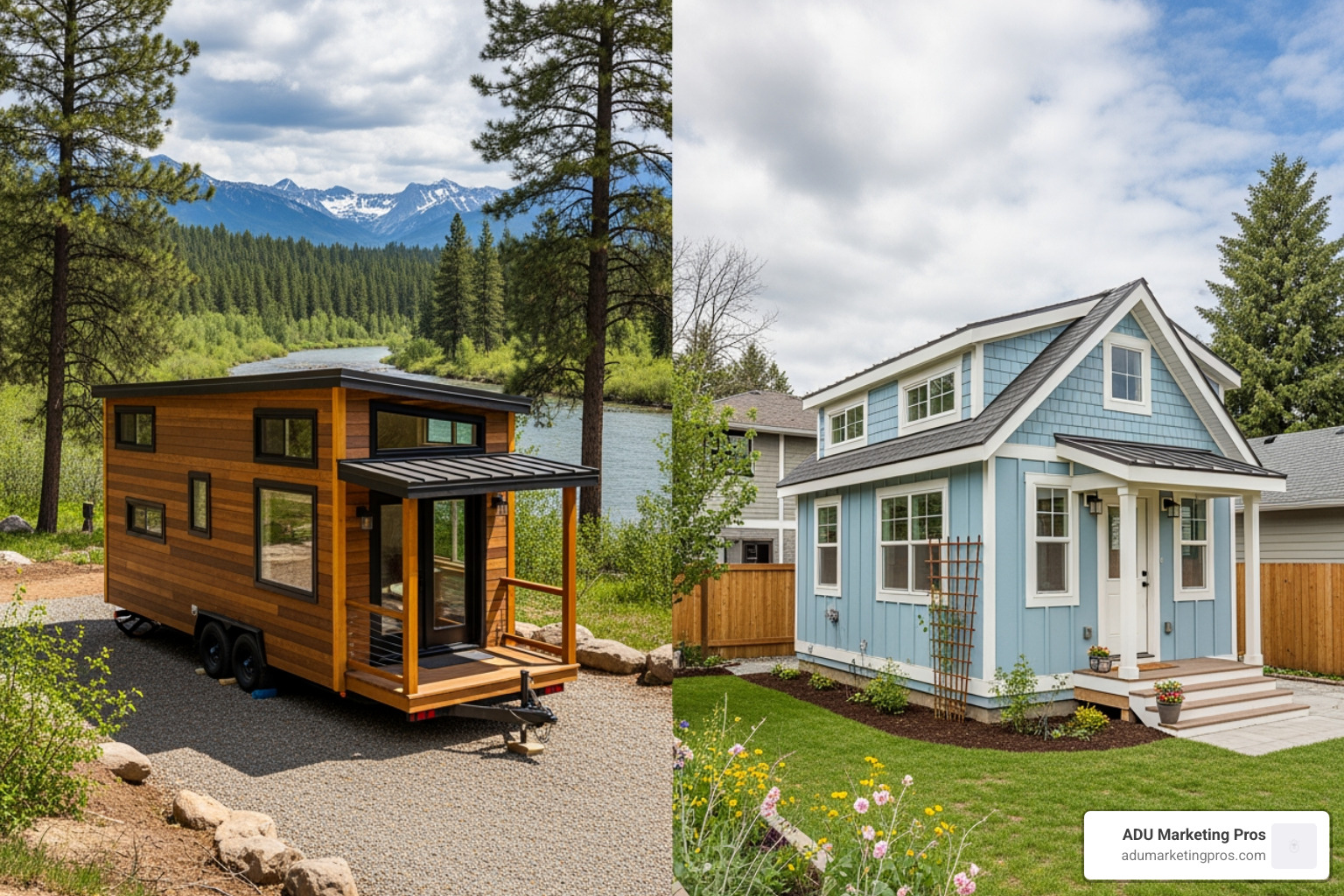 Tiny House on Wheels in a scenic spot next to a tiny house on a permanent foundation in a backyard - Tiny house regulations
