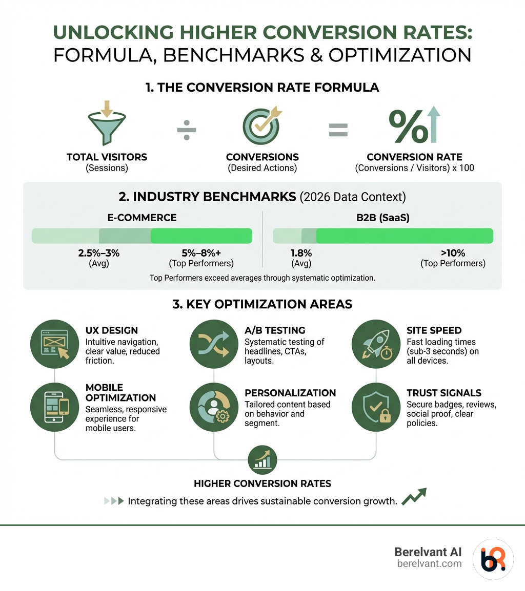 infographic showing conversion rate formula, industry benchmarks, and key optimization areas including UX design, A/B testing, site speed, mobile optimization, personalization, and trust signals - Higher conversion rates infographic 