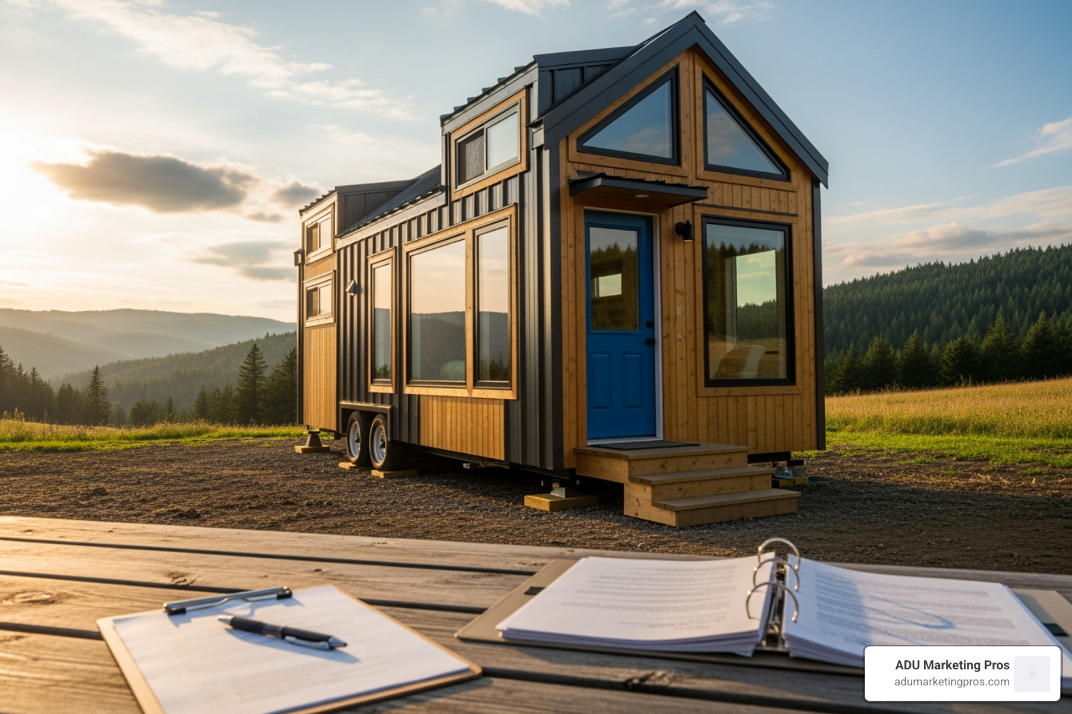 A person on the phone, looking at a laptop displaying a city planning department website, with a checklist graphic in the foreground - Tiny house regulations