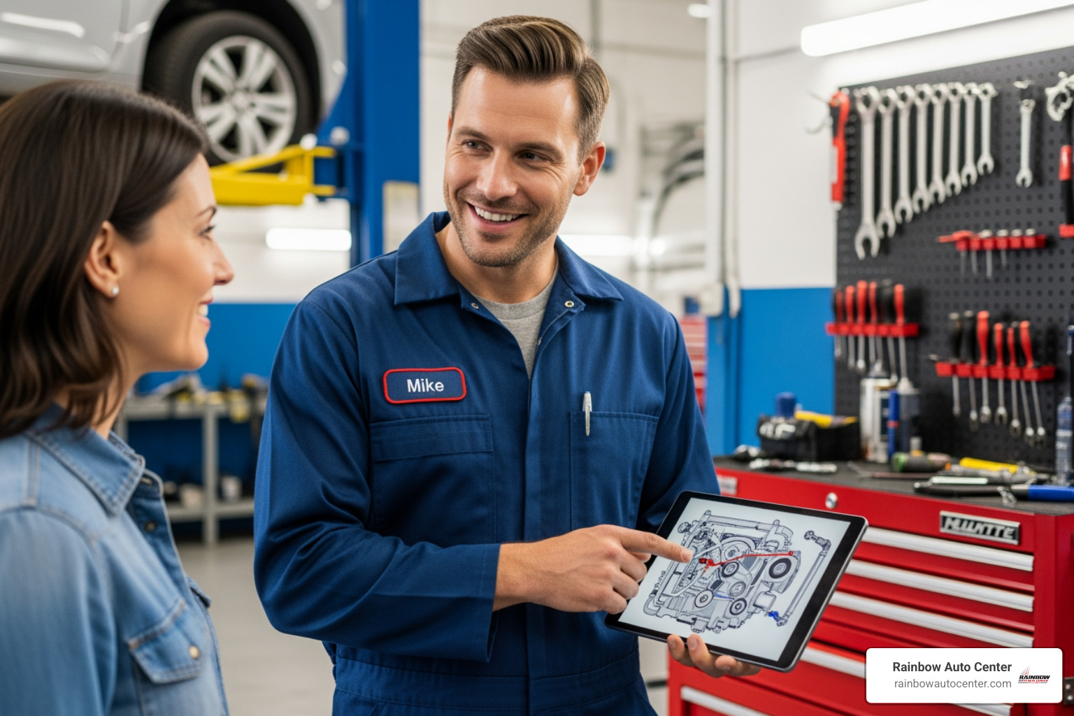 A friendly technician talks to a customer in a clean, professional auto shop, emphasizing customer service - car bodywork repair near me