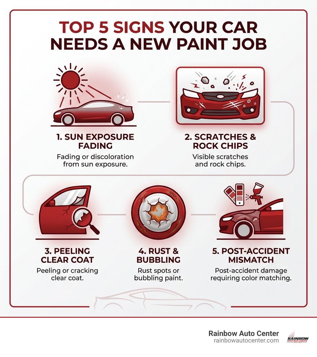 Infographic showing the top 5 signs your car needs a new paint job: 1. Fading or discoloration from sun exposure, 2. Visible scratches and rock chips, 3. Peeling or cracking clear coat, 4. Rust spots or bubbling paint, 5. Post-accident damage requiring color matching - auto paint shop hayward ca infographic 
