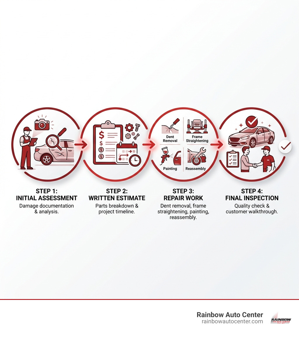 Detailed infographic showing the 4-step car body repair process: Step 1 - Initial Assessment and damage documentation, Step 2 - Written Estimate with parts breakdown and timeline, Step 3 - Repair Work including dent removal, frame straightening, painting and reassembly, Step 4 - Final Inspection with quality check and customer walkthrough - car bodywork repair near me infographic 