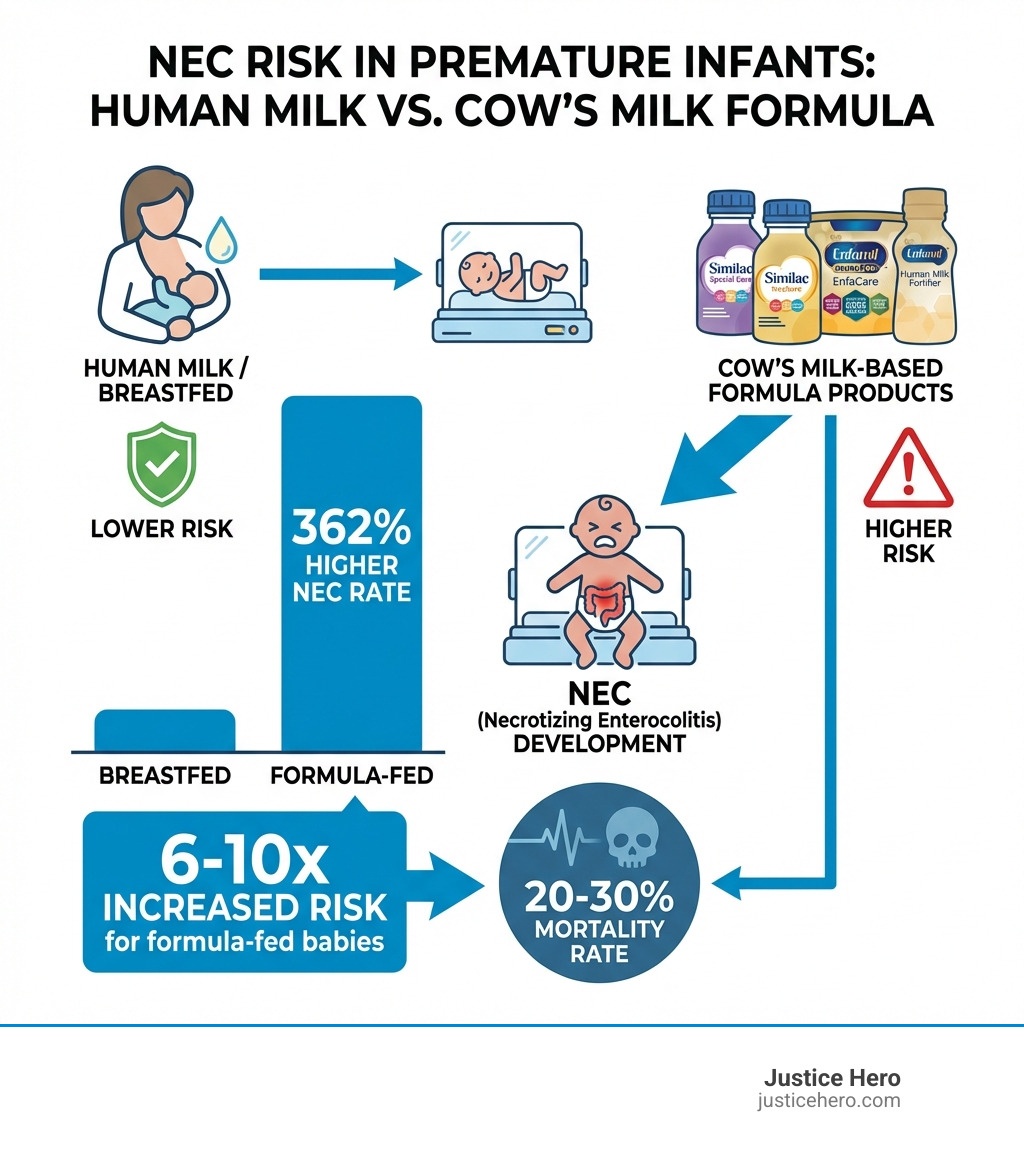 Infographic showing the connection between cow's milk-based formula products (Similac Special Care, Similac NeoSure, Enfamil NeuroPro EnfaCare, Enfamil Human Milk Fortifier) and increased NEC risk in premature infants, including statistics: 362% higher NEC rate in formula-fed vs. breastfed infants, 20-30% mortality rate, and 6-10x increased risk for formula-fed babies - nec lawsuit attorneys infographic Infographic showing the connection between cow's milk-based formula products (Similac Special Care, Similac NeoSure, Enfamil NeuroPro EnfaCare, Enfamil Human Milk Fortifier) and increased NEC risk in premature infants, including statistics: 362% higher NEC rate in formula-fed vs. breastfed infants, 20-30% mortality rate, and 6-10x increased risk for formula-fed babies - nec lawsuit attorneys infographic