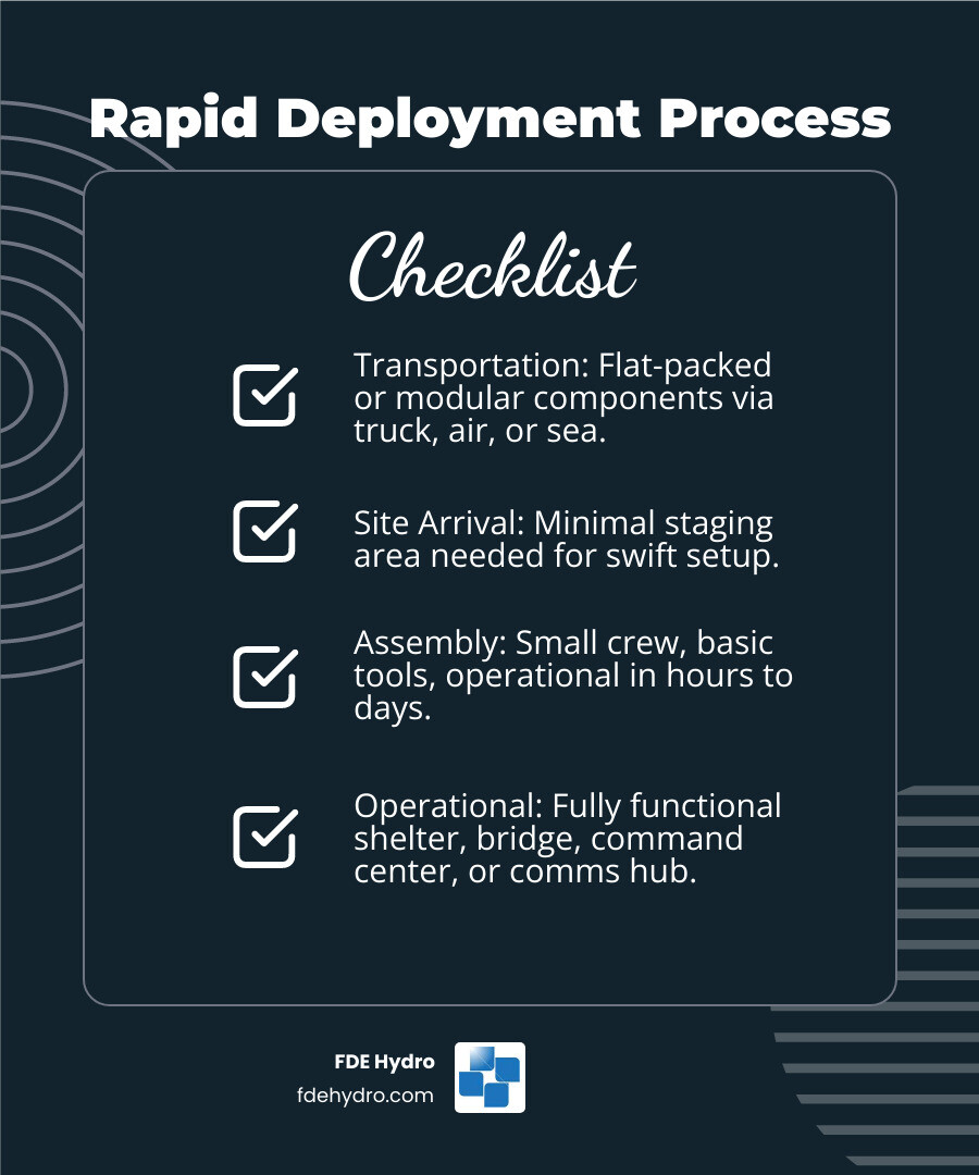 Infographic showing the rapid deployment process: Transportation (via truck, aircraft, or ship with flat-packed or modular components) → Site Arrival (minimal staging area required) → Assembly (small crew, basic tools, hours to days) → Operational (fully functional shelter, bridge, command center, or communications hub) - rapidly deployable infographic checklist-dark-blue Infographic showing the rapid deployment process: Transportation (via truck, aircraft, or ship with flat-packed or modular components) → Site Arrival (minimal staging area required) → Assembly (small crew, basic tools, hours to days) → Operational (fully functional shelter, bridge, command center, or communications hub) - rapidly deployable infographic checklist-dark-blue