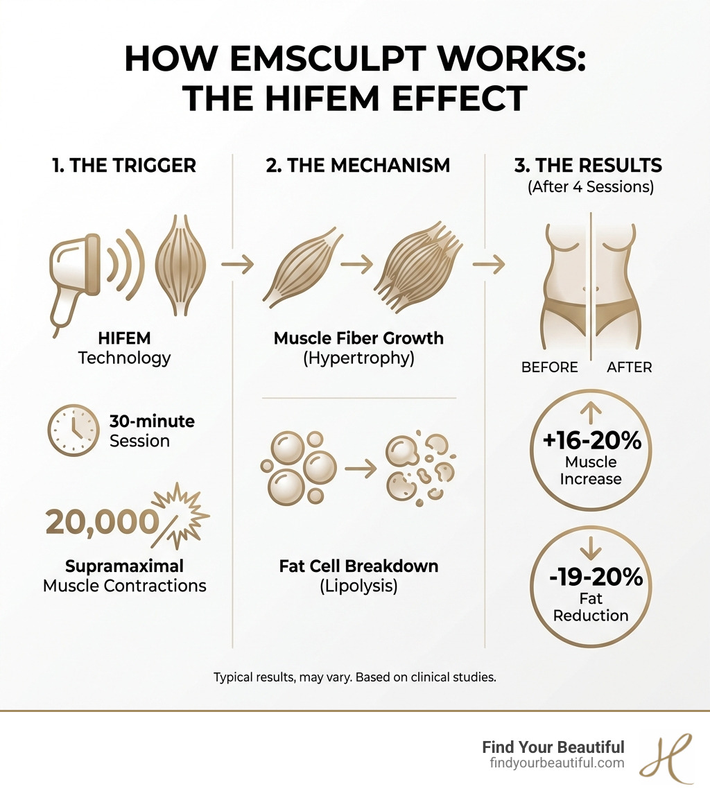 Infographic showing how Emsculpt works: HIFEM technology triggers 20,000 supramaximal muscle contractions per 30-minute session, leading to muscle fiber growth and fat cell breakdown through lipolysis, with typical results of 16-20% muscle increase and 19-20% fat reduction after 4 treatment sessions - emsculpt near me infographic 