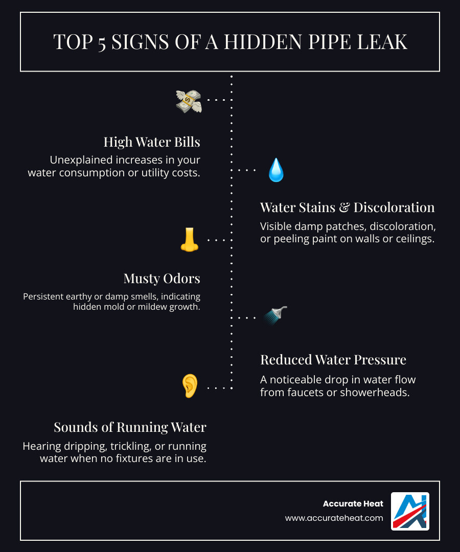 Infographic showing the top 5 signs of a hidden pipe leak: unexplained water bill increases, water stains on walls or ceilings, musty odors indicating mold, low water pressure, and sounds of running water when fixtures are off - fix pipe leak infographic infographic-line-5-steps-dark