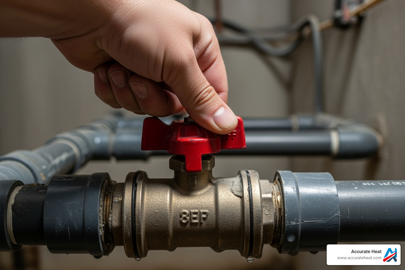 IMAGE of a hand turning a main water shut-off valve - fix pipe leak