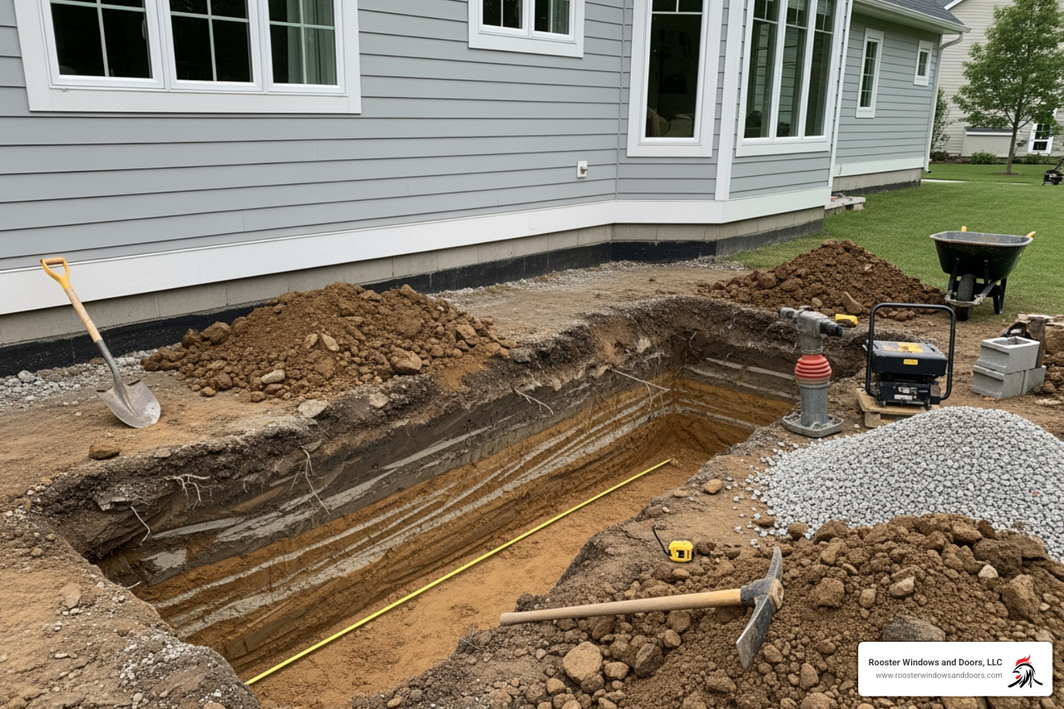 exterior of a house showing the excavation site for a new egress window - how to egress window installation exterior of a house showing the excavation site for a new egress window - how to egress window installation