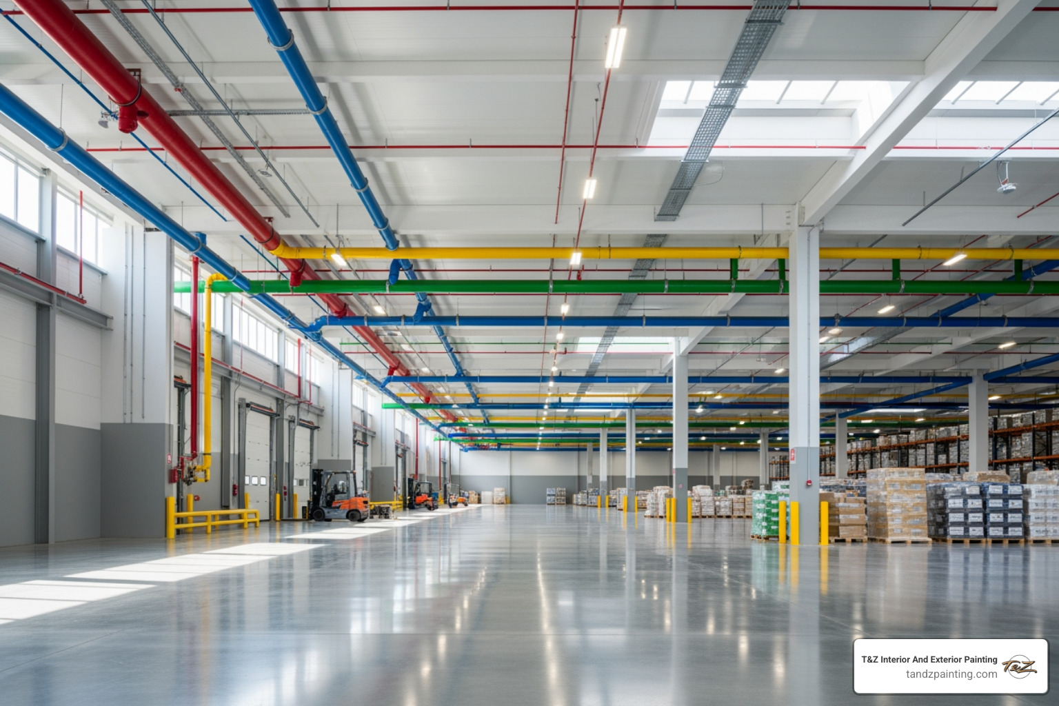 A bright, clean warehouse interior with color-coded pipes and freshly painted ceilings - commercial spray painting services
