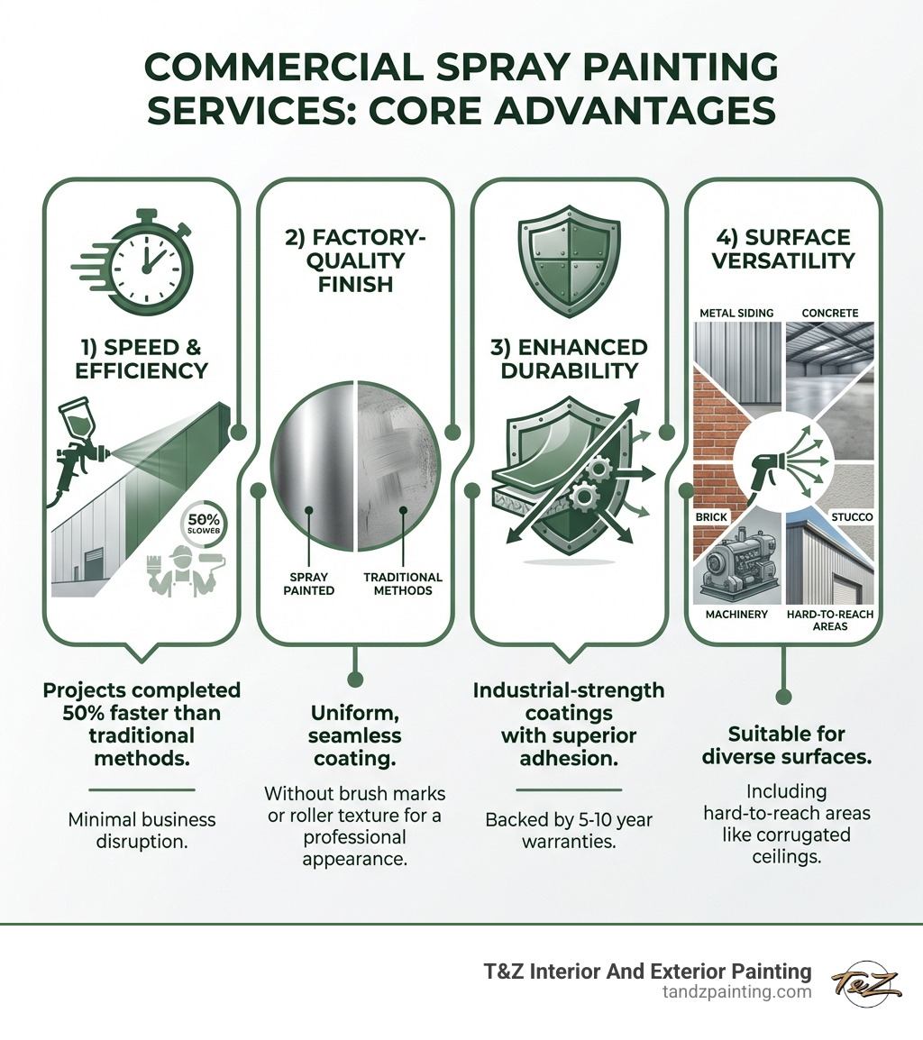 Infographic showing the four core advantages of commercial spray painting services: 1) Speed & Efficiency - Projects completed 50% faster than traditional methods with minimal business disruption, 2) Factory-Quality Finish - Uniform, seamless coating without brush marks or roller texture for a professional appearance, 3) Enhanced Durability - Industrial-strength coatings with superior adhesion backed by 5-10 year warranties, 4) Surface Versatility - Suitable for metal siding, concrete, brick, stucco, machinery, and hard-to-reach areas like corrugated ceilings - commercial spray painting services infographic 